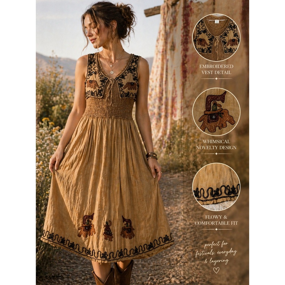 Vintage Boho Embroidered Midi Dress SMALL Brown Elephant Novelty Festival Hippie